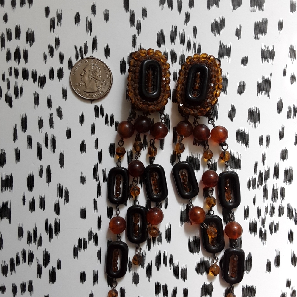 5" Clip Brown Black Mixed Media Earrings